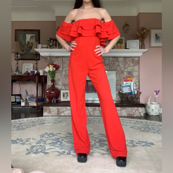 Revamped Coral Red Ruffled Jumpsuit - Picture 11 of 13